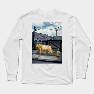 Lion walking in a city street Long Sleeve T-Shirt